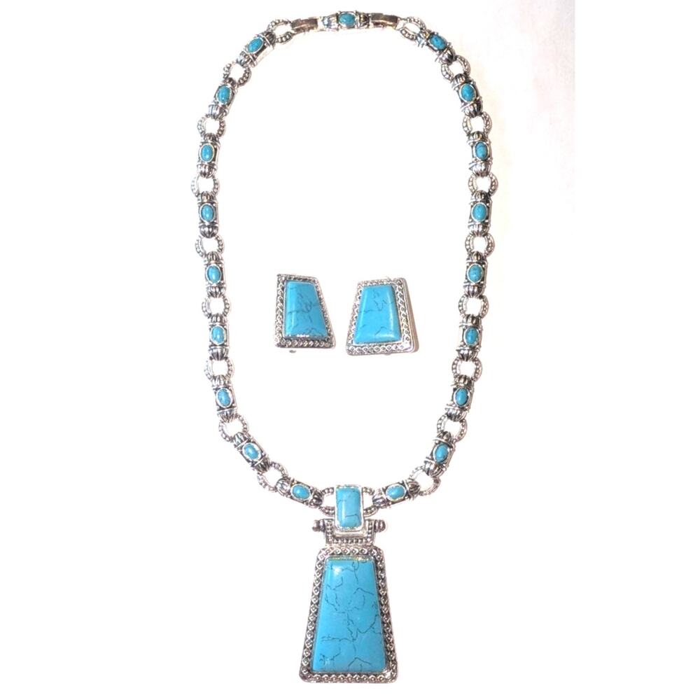 Vintage Boho Southwest Native Inspired Necklace Earring Set Silver Toned 17 inch